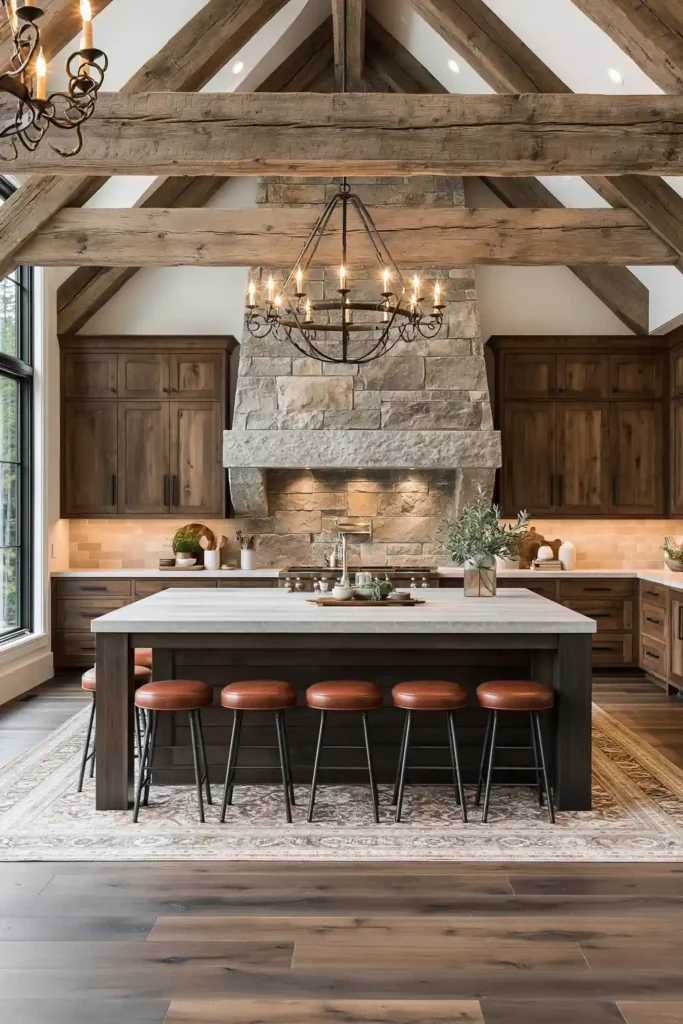 29 Rustic Modern Kitchen Designs That Balance Warmth and Clean Style 24 Grand lodge kitchen with massive timber beams, dark wood cabinetry, a pale stone-topped island, leather stools, stone architecture, and wrought-metal lighting.