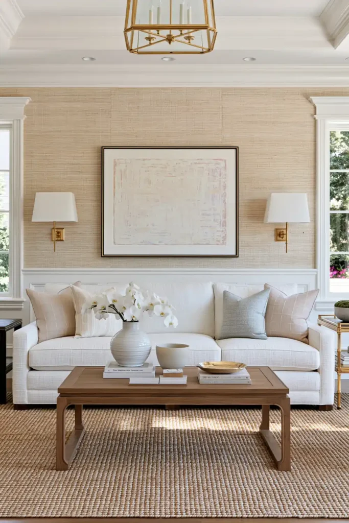 Timeless vs. Trendy Home Decor: 20 Ideas for a Well-Proportioned, Beautiful Home 9 Elegant living room with woven natural grasscloth wallpaper, cream seating, neutral accents, and soft daylight.