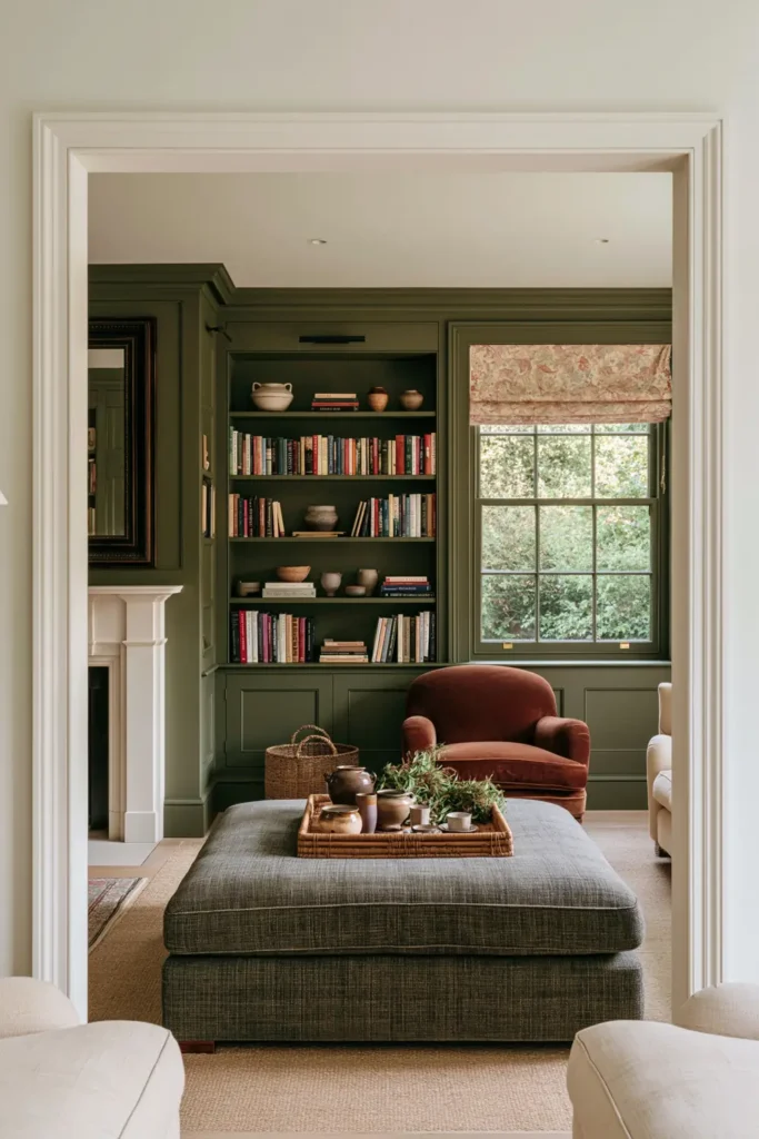 20 Best Living Room Color Combinations for a Warm Feel 16 Gray-green living room with matching trim, a cognac armchair, white fireplace, built-in shelves, and a gray ottoman.