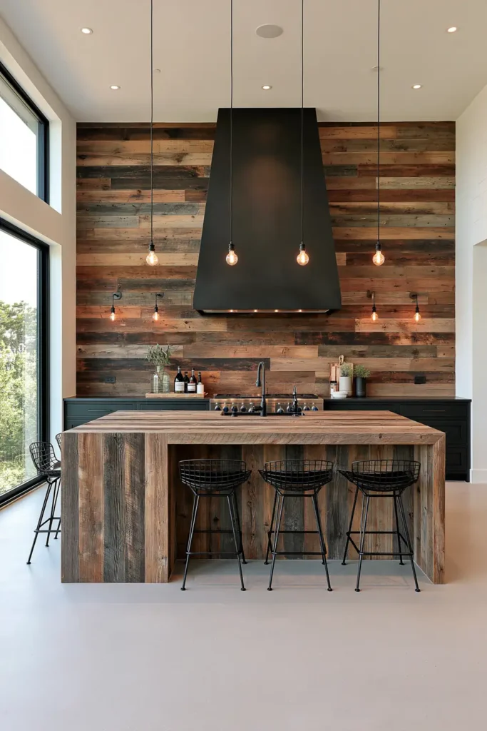 29 Rustic Modern Kitchen Designs That Balance Warmth and Clean Style 27 Rustic modern kitchen with a gray-washed waterfall island, black wire stools, reclaimed wood wall, dark cabinets, and matte black range hood.
