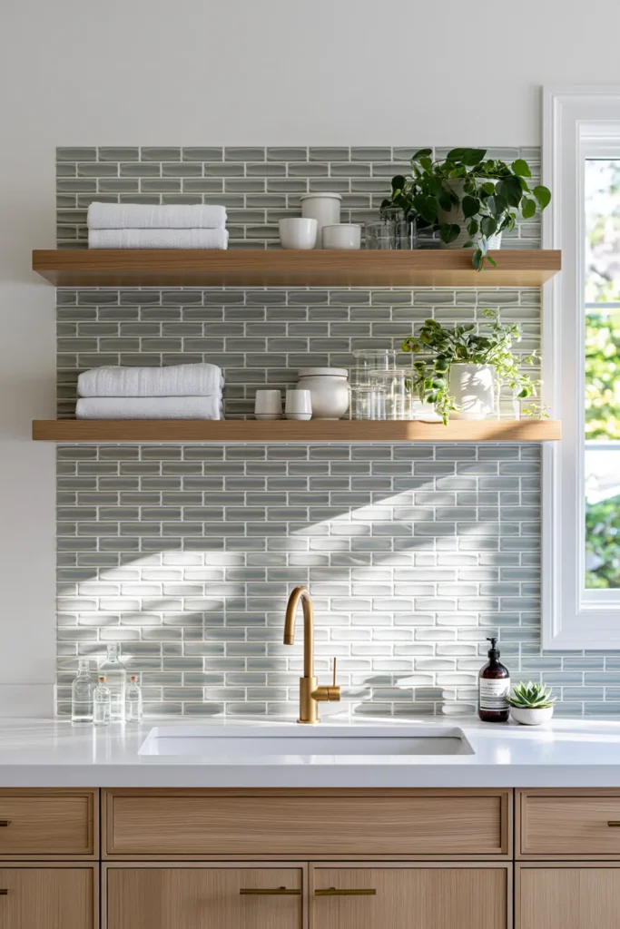 Glass Tile Backsplash Kitchen Ideas for Color, Texture, and Shine 22 Spa-inspired kitchen with pale mint-green 3D wave glass tile, oak shelves, brass faucet, white ceramics, and leafy plants.