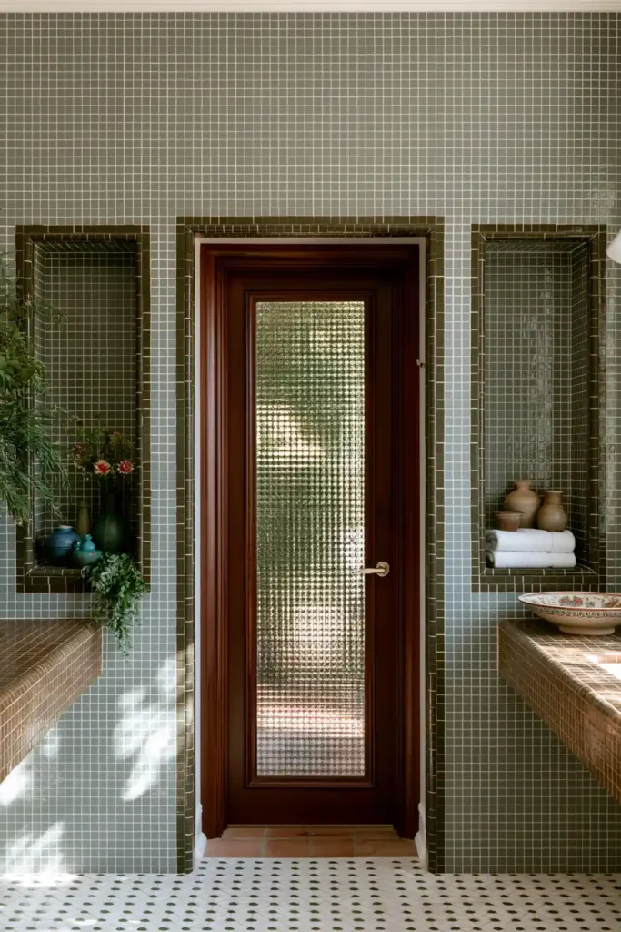 20 Bathroom Shelf Styling Ideas for Beautiful, Practical Storage 3 Pale green tiled bathroom with built-in niches displaying folded white towels, pottery, vessels, flowers, and greenery.
