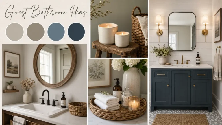 21 Guest Bathroom Decorating Ideas for a Friendly Space 3 Guest bathroom inspiration board featuring a blue-green vanity, brass fixtures, woven baskets, white towels, candles, and neutral color swatches.