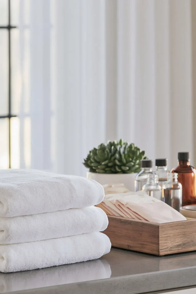 How to Style a Guest Bedroom Like a Hotel: 9 Thoughtful Details 5 Guest bathroom toiletries arranged in a wooden tray beside folded white towels and a small succulent.