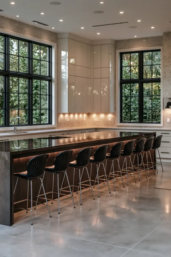 29 Barndominium Kitchen Designs for Rustic, Modern, and Timeless Spaces 7 High-gloss barndominium kitchen with reflective white cabinets, a dark island, black chrome-legged stools, black-framed windows, and polished gray flooring.