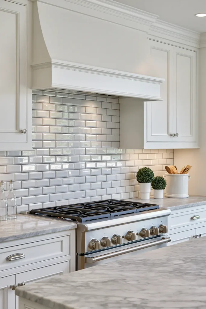 Glass Tile Backsplash Kitchen Ideas for Color, Texture, and Shine 4 Elegant white kitchen with glossy glass subway tile, marble countertops, raised-panel cabinets, greenery, and stainless steel range.