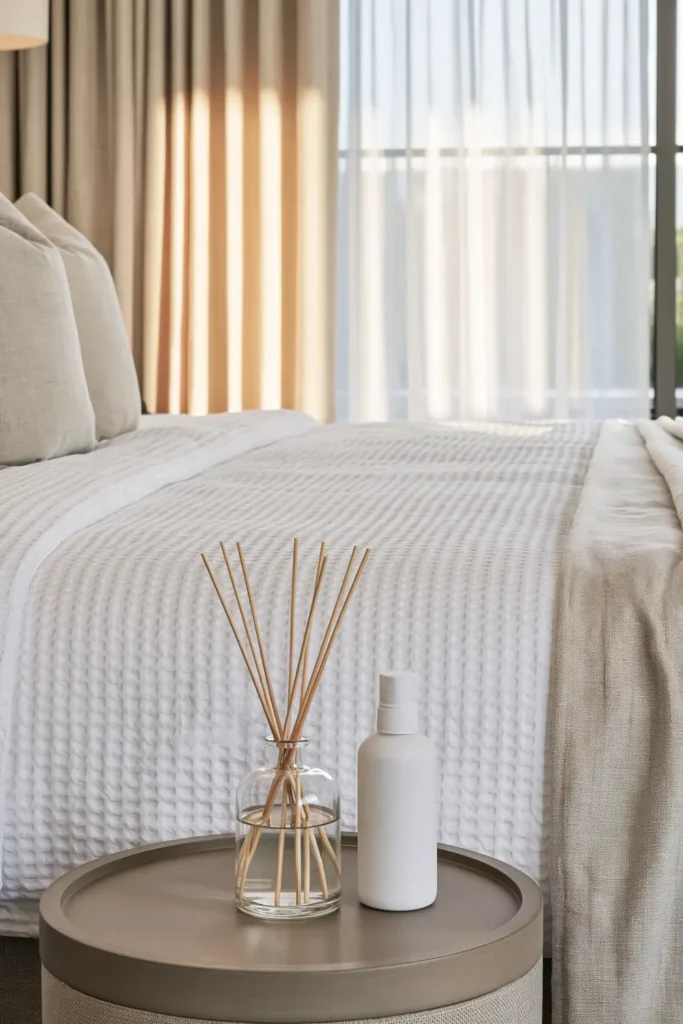 How to Style a Guest Bedroom Like a Hotel: 9 Thoughtful Details 4 Reed diffuser and linen spray arranged on a bedside table in a softly lit hotel-style guest bedroom.