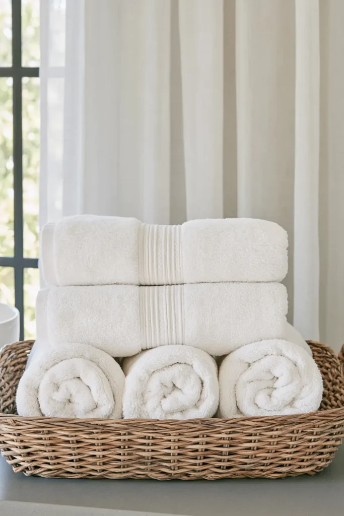 How to Style a Guest Bedroom Like a Hotel: 9 Thoughtful Details 6 White guest towels rolled into neat hotel-style cylinders inside a wooden basket.
