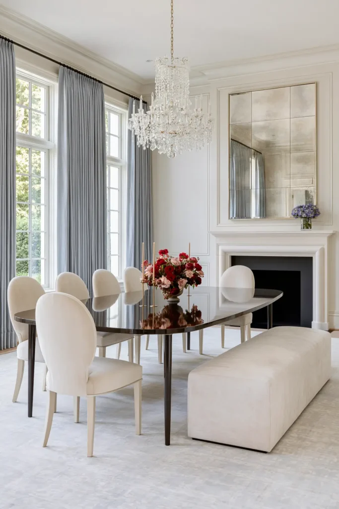 8 Formal Dining Room Ideas That Actually Feel Welcoming 2 Traditional formal dining room with a glossy dark wood table, cream upholstered chairs, crystal chandelier, fireplace, and floral centerpiece.