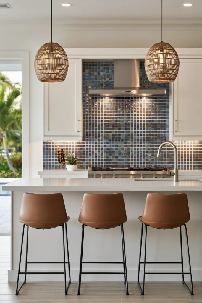 Glass Tile Backsplash Kitchen Ideas for Color, Texture, and Shine 16 White kitchen with blue teal iridescent glass mosaic backsplash, amber woven pendants, and cognac leather counter stools.