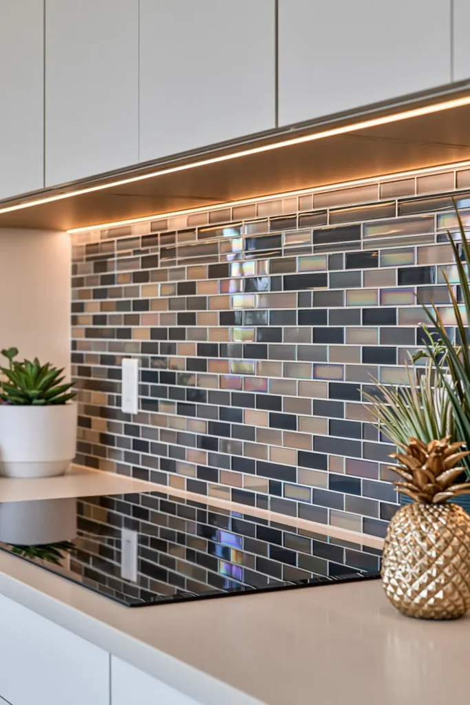 Glass Tile Backsplash Kitchen Ideas for Color, Texture, and Shine 27 Close-up kitchen backsplash with iridescent glass tiles reflecting turquoise, violet, pink, and gold beneath warm under-cabinet lighting.