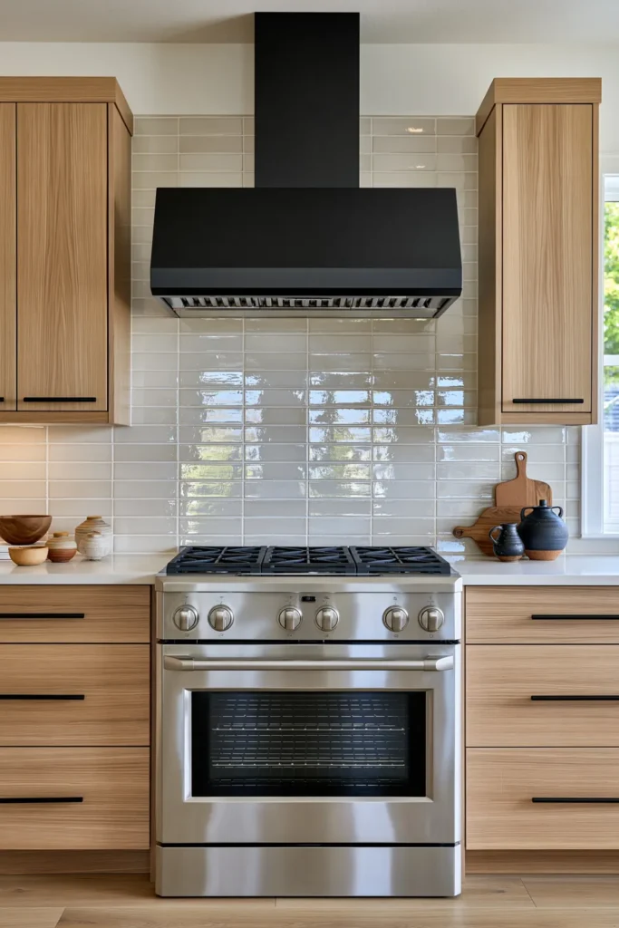 Glass Tile Backsplash Kitchen Ideas for Color, Texture, and Shine 7 Minimalist kitchen with pale glossy glass tile, warm light-oak cabinetry, matte black hood, black pulls, and stainless gas range.