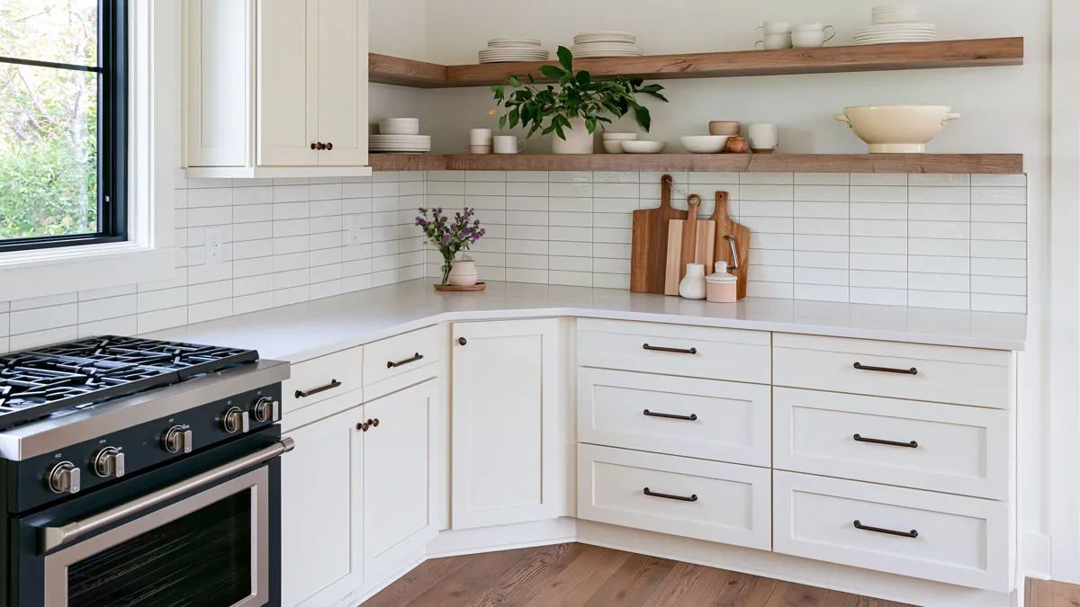8 Kitchen Corner Cabinet Ideas for Smarter Storage 1 Bright kitchen with cream-white corner cabinets, natural wood shelves, white countertops, and practical corner storage.