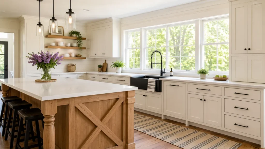 8 Kitchen Corner Cabinet Ideas for Smarter Storage 10 Wide bright kitchen with white cabinetry, natural wood island, open corner shelves, black sink, and warm practical styling.
Kitchen Corner Cabinet Ideas