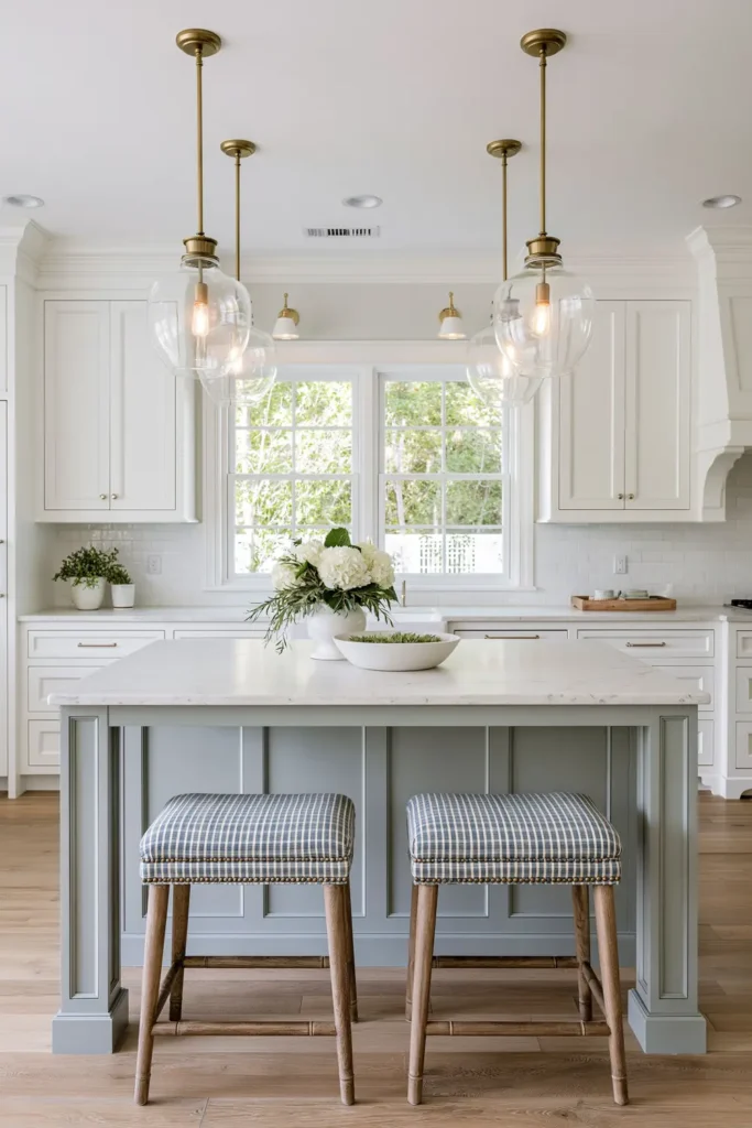 Timeless vs. Trendy Home Decor: 20 Ideas for a Well-Proportioned, Beautiful Home 10 Bright neutral kitchen with evenly spaced metal and glass pendant lights hanging above a central island.