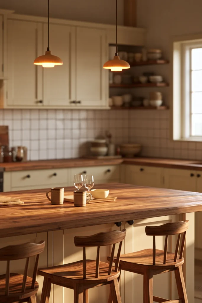 How to Create a Warm Kitchen That Feels Like Home: 18 Warm and Welcoming Ideas 12 Large wooden kitchen island with comfortable stools, coffee mugs, wine glasses, and warm pendant lights creating a social gathering space.