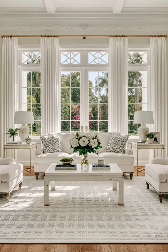 Timeless vs. Trendy Home Decor: 20 Ideas for a Well-Proportioned, Beautiful Home 13 Bright living room with cream seating arranged over a large woven area rug that anchors the furniture grouping.