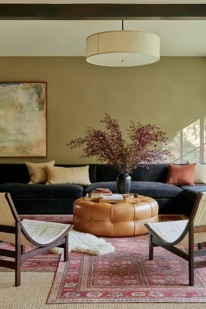 20 Best Living Room Color Combinations for a Warm Feel 13 Earth-toned living room with olive-taupe walls, a charcoal sectional, cognac leather ottoman, sling chairs, and layered burgundy rugs.