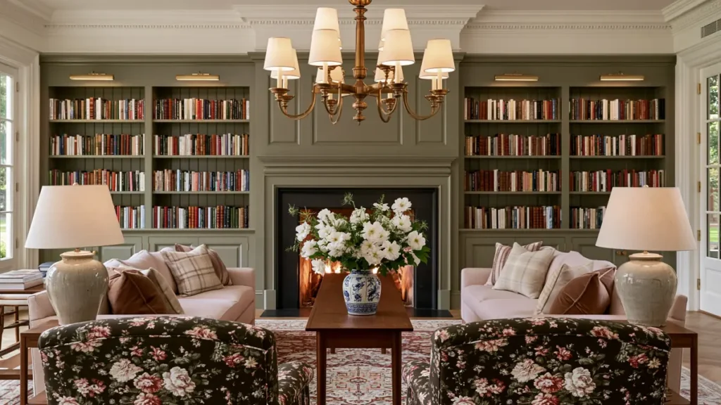 Layered Living Room Lighting Ideas for Every Mood 6 Layered Living Room Lighting Ideas for Every Mood
Symmetrical living room with a brass chandelier, ceramic table lamps, brass picture lights, pale sofas, floral armchairs, built-in shelves, and a central fireplace.