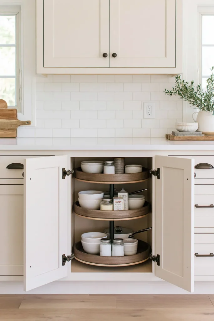 8 Kitchen Corner Cabinet Ideas for Smarter Storage 2 Open kitchen corner cabinet with rotating Lazy Susan shelves organizing bowls, jars, and everyday kitchen items.
