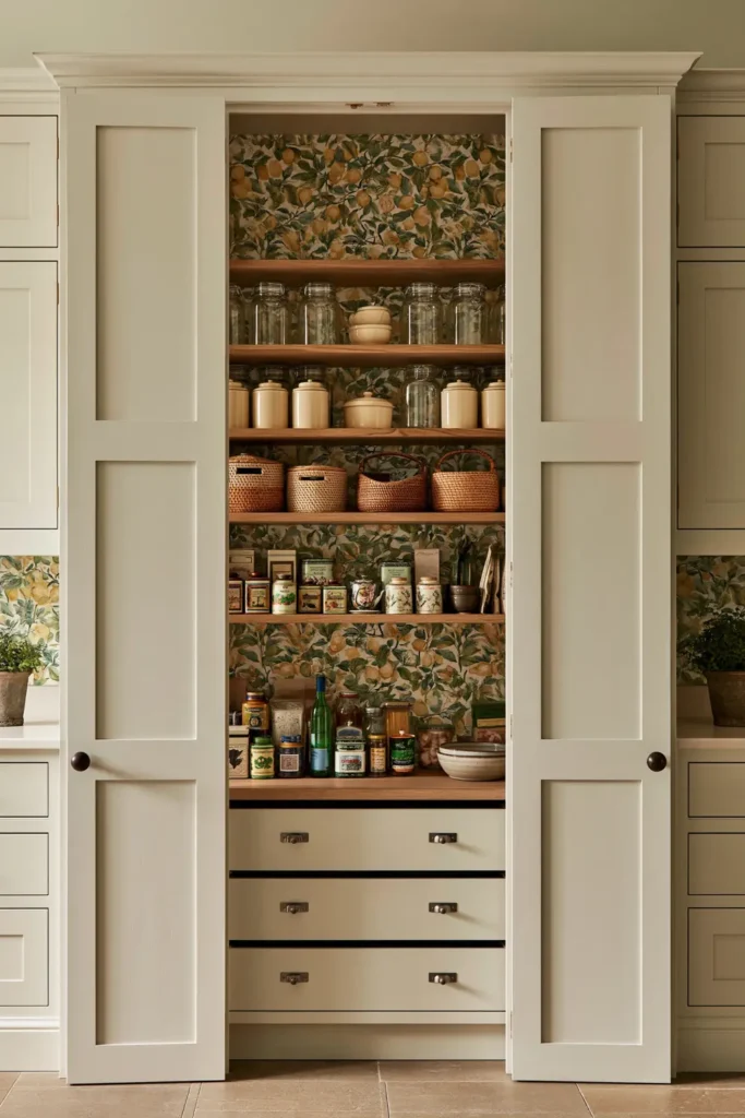 How to Create a Warm Kitchen That Feels Like Home: 18 Warm and Welcoming Ideas 19 Hidden kitchen pantry lined with lemon-patterned wallpaper and organized with wood shelves, glass jars, baskets, and cream containers.
