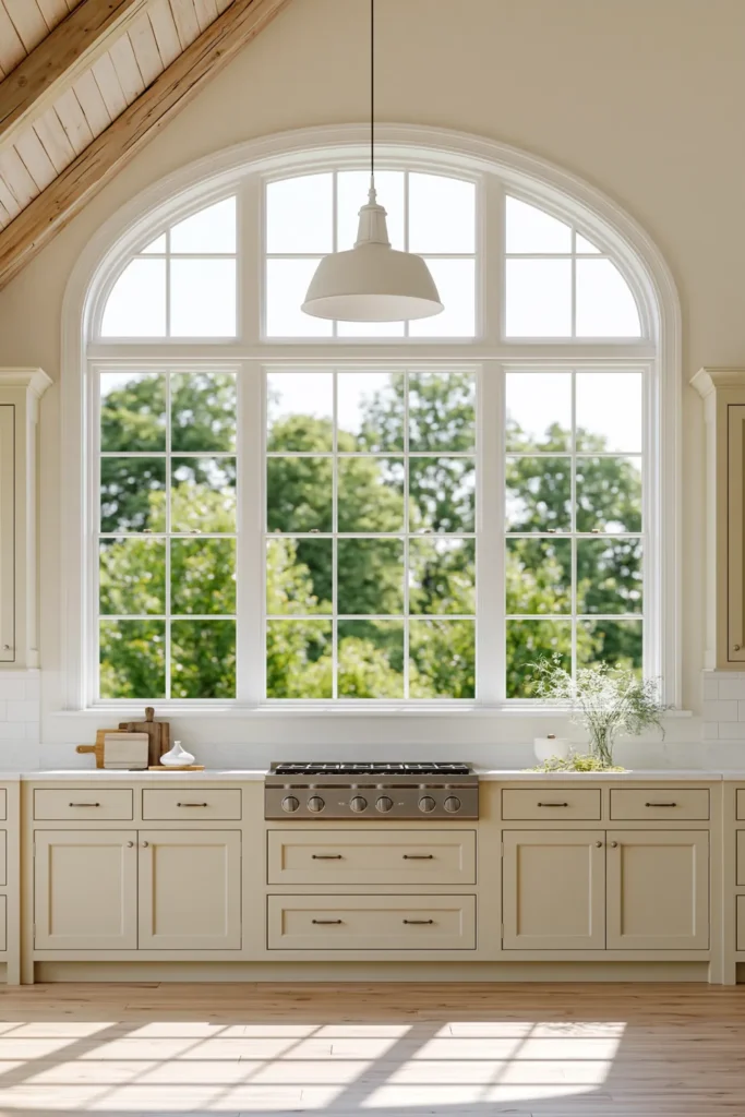 29 Neutral Kitchen Cabinet Ideas for a Calm, Timeless Kitchen 22 Light cream-beige kitchen cabinets beneath a large arched window with exposed wood ceiling beams, pale wood flooring, and a white industrial pendant.