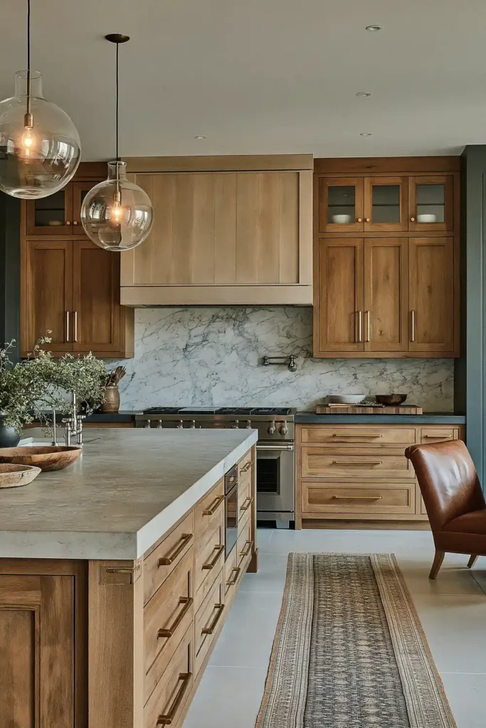 29 Rustic Modern Kitchen Designs That Balance Warmth and Clean Style 26 Warm rustic modern kitchen with light wood cabinets, brass pulls, pale stone island, veined marble backsplash, and clear glass pendants.