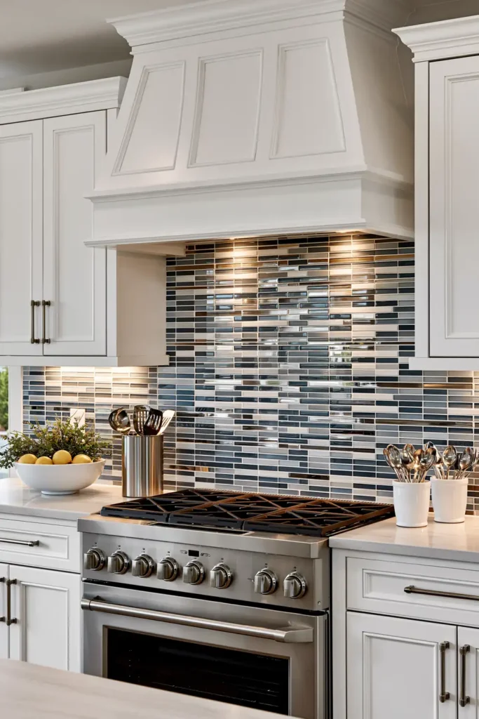 Glass Tile Backsplash Kitchen Ideas for Color, Texture, and Shine 20 White kitchen with linear gray and white glass mosaic backsplash, paneled hood, stainless gas range, and polished metal hardware.
