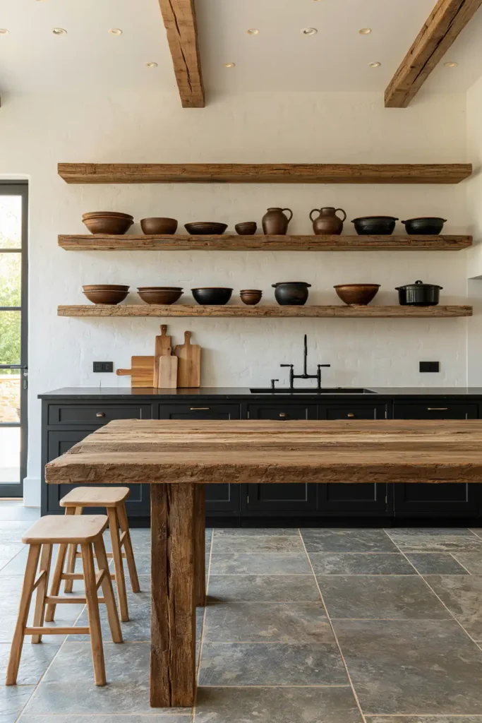 29 Rustic Modern Kitchen Designs That Balance Warmth and Clean Style 28 Earthy rustic modern kitchen with a massive live-edge wood island, matte black cabinets, rough open shelves, pottery, timber beams, and stone tile flooring.