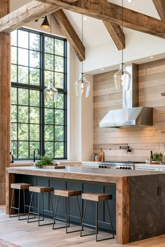 29 Rustic Modern Kitchen Designs That Balance Warmth and Clean Style 2 Rustic modern kitchen with a charcoal waterfall island, wood counter edge, black metal stools, exposed timber beams, and clear glass pendants.