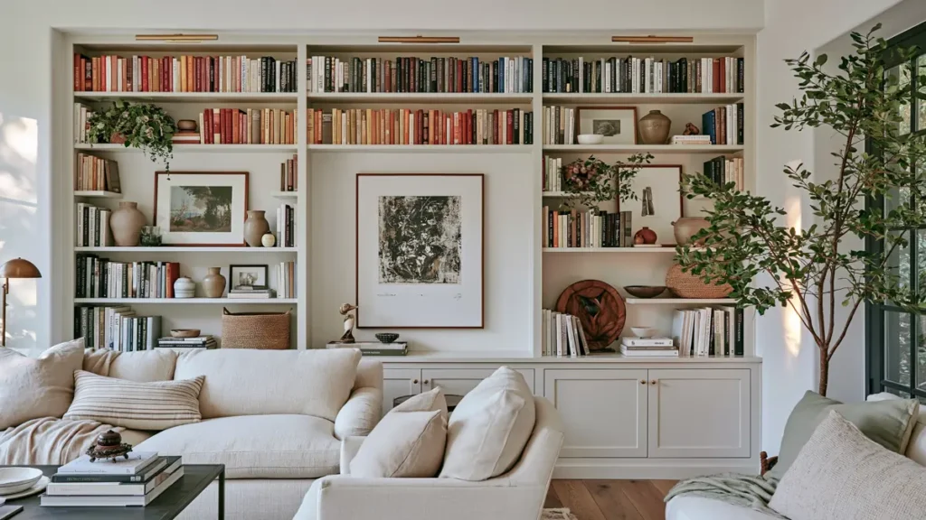 23 Living Room Bookshelf Styling Ideas for a Beautiful, Collected Space 25 Warm collected living room bookshelves styled with books, framed art, ceramics, woven textures, greenery, comfortable seating, and soft natural light.