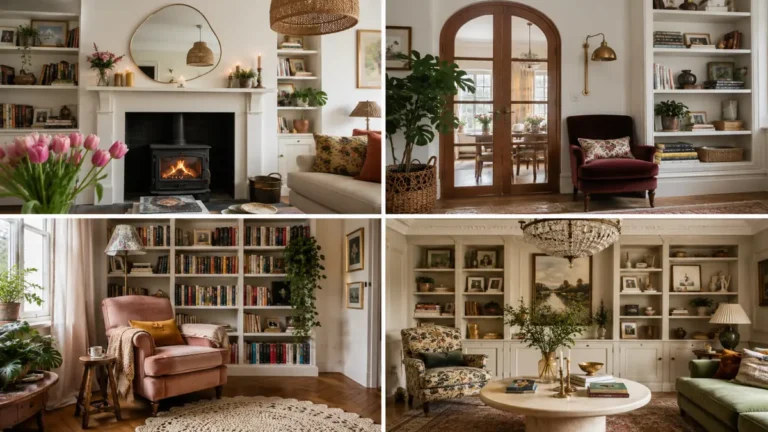 23 Living Room Bookshelf Styling Ideas for a Beautiful, Collected Space 12 Four-panel collage of living room bookshelf styling ideas featuring white and ivory built-ins, colorful books, plants, a fireplace, reading chairs, and collected decor.