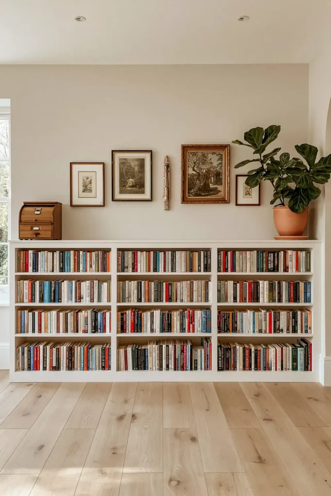 23 Living Room Bookshelf Styling Ideas for a Beautiful, Collected Space 20 Low white bookshelves beneath a gallery wall with colorful books, plaster bust, black bird sculpture, wooden filing cabinet, and large rubber plant.