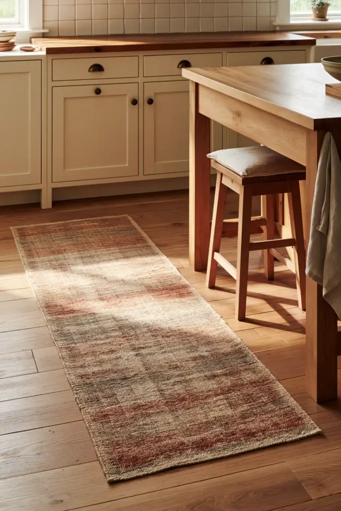 How to Create a Warm Kitchen That Feels Like Home: 18 Warm and Welcoming Ideas 9 Low-pile wool kitchen runner with a faded warm pattern placed beside a wooden island in a cozy cottage kitchen.