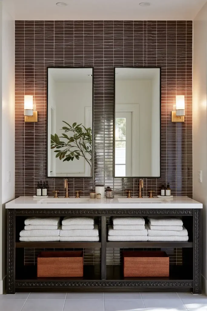 20 Bathroom Shelf Styling Ideas for Beautiful, Practical Storage 2 low vanity shelves rattan baskets
