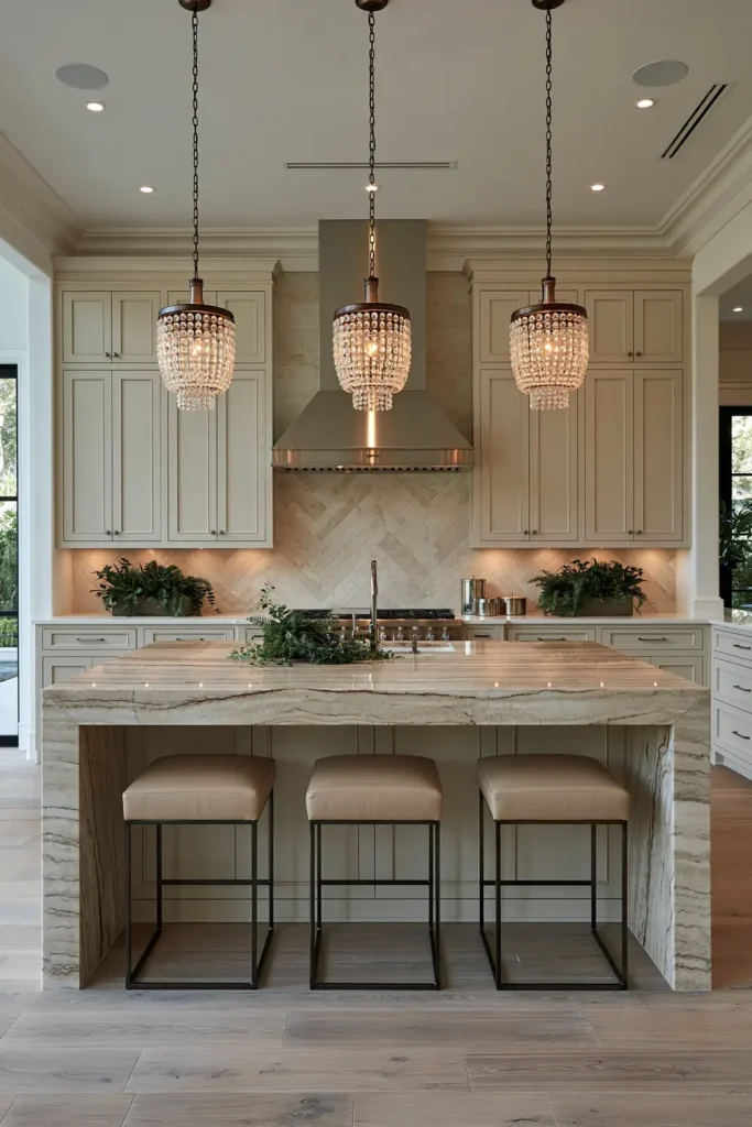 29 Barndominium Kitchen Designs for Rustic, Modern, and Timeless Spaces 15 Luxe barndominium kitchen with a dramatic veined waterfall island, pale shaker cabinets, herringbone backsplash, beige stools, and crystal pendant lights.