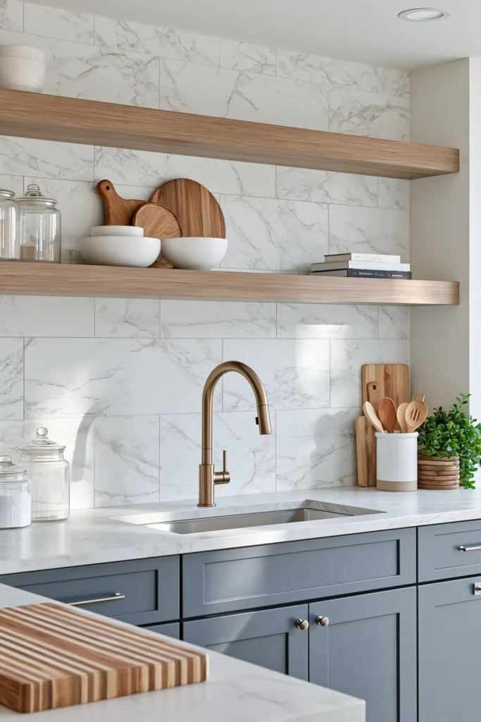 Glass Tile Backsplash Kitchen Ideas for Color, Texture, and Shine 21 Pale kitchen with marble-look glass tile, natural oak floating shelves, brass faucet, wood cutting boards, and white ceramic accents.