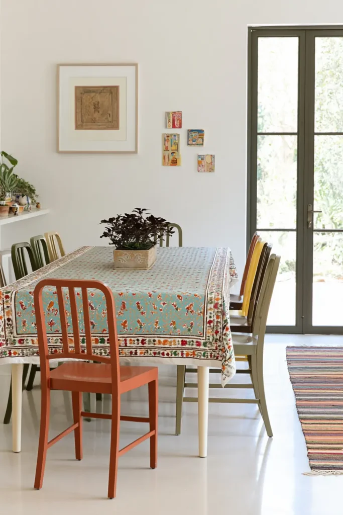 9 Mix and Match Dining Chair Ideas for a Stylish, Collected Look 7 Matching wooden dining chairs painted orange, green, yellow, and other saturated colors around a patterned dining table.