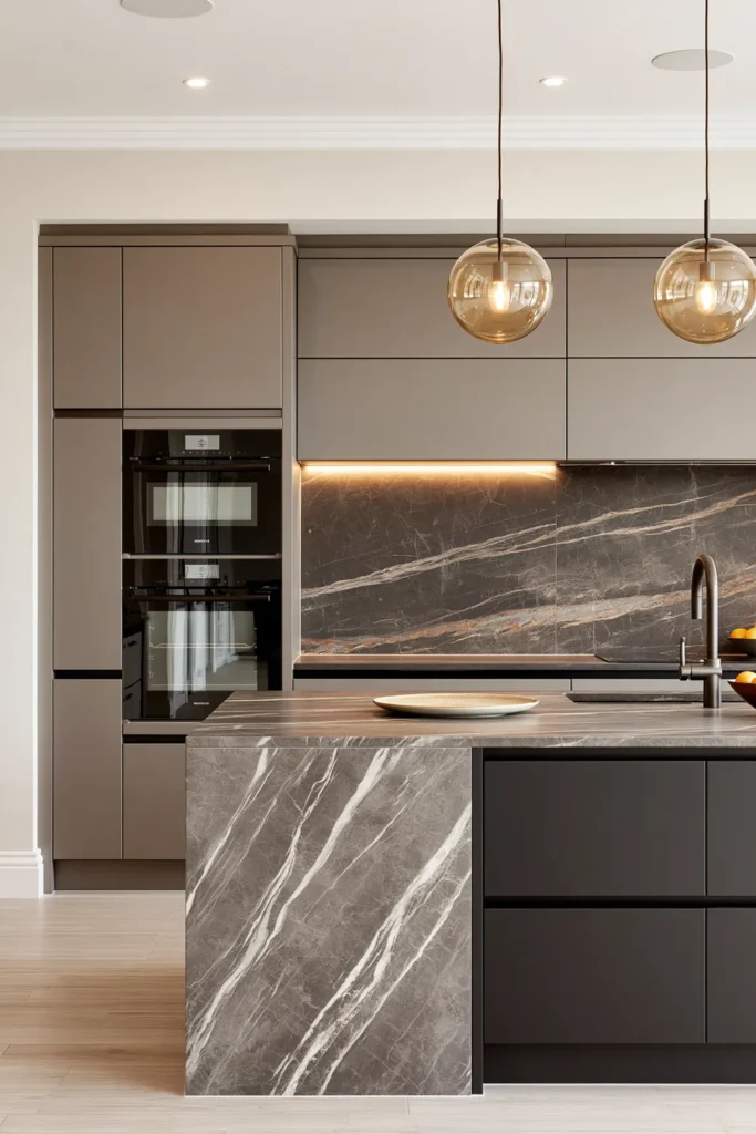 29 Neutral Kitchen Cabinet Ideas for a Calm, Timeless Kitchen 24 Matte charcoal-black kitchen cabinets with dark marble, a gray waterfall island, built-in ovens, and amber glass globe pendants.