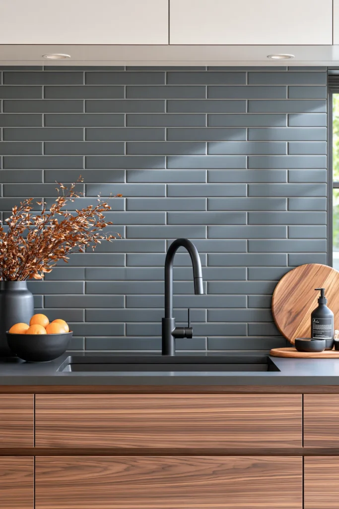 Glass Tile Backsplash Kitchen Ideas for Color, Texture, and Shine 15 Dark kitchen with vertically stacked matte black glass tile, rich walnut cabinetry, black sink, and black gooseneck faucet.