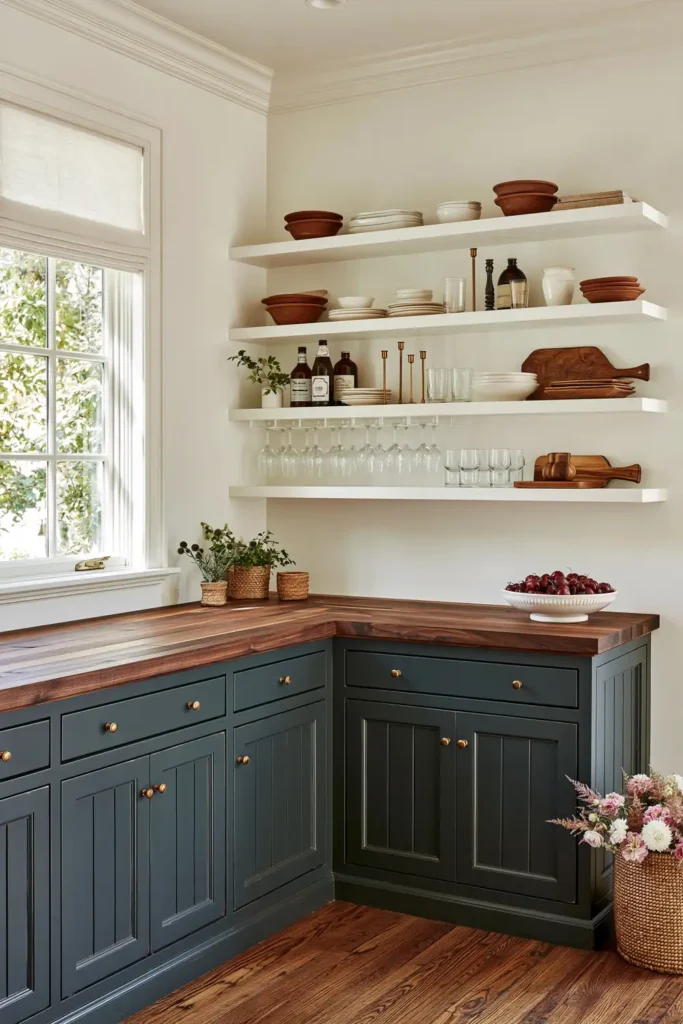 15 Butler’s Pantry Ideas for a Stylish, Functional Space 14 Pantry with matte black cabinets, a warm wood countertop, open white shelves, hanging glasses, terracotta dishes, fruit, and flowers.