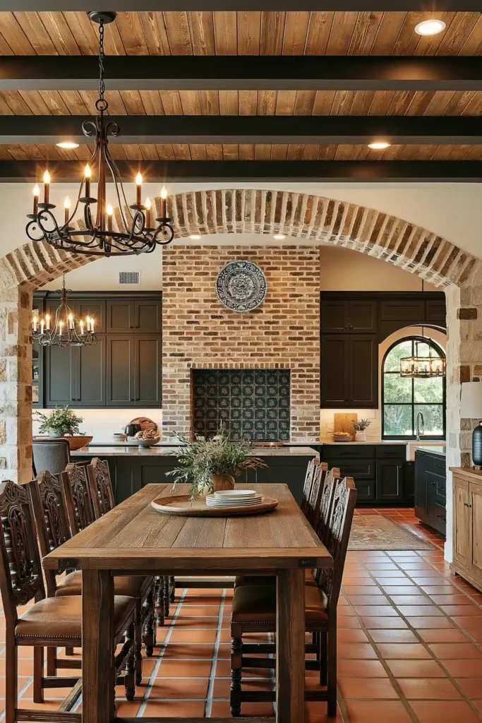 29 Barndominium Kitchen Designs for Rustic, Modern, and Timeless Spaces 12 Mediterranean barndominium kitchen with terracotta tile floors, dark wood cabinetry, exposed beams, a brick cooking surround, and a stone archway.