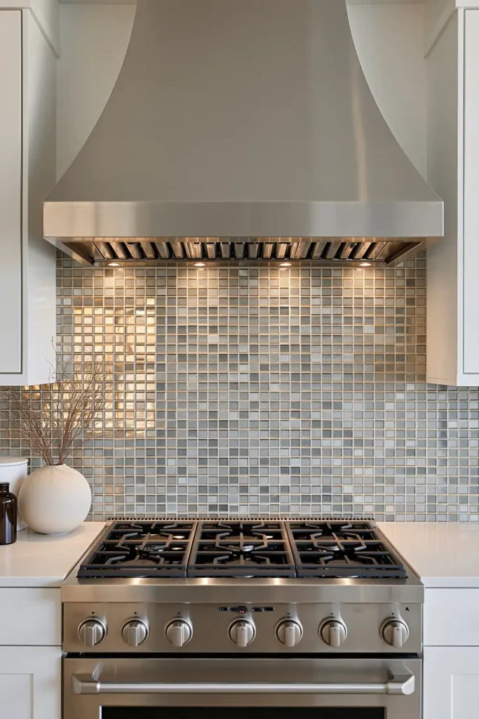 Glass Tile Backsplash Kitchen Ideas for Color, Texture, and Shine 12 Kitchen with silver and champagne metallic glass mosaic tile, stainless steel hood and range, white cabinetry, and warm reflective lighting.