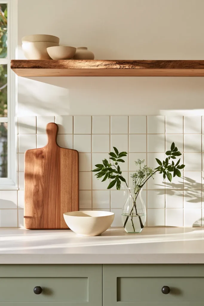 How to Create a Warm Kitchen That Feels Like Home: 18 Warm and Welcoming Ideas 18 Simple kitchen countertop styled with a wooden cutting board, cream ceramic bowl, and glass vase filled with fresh greenery.