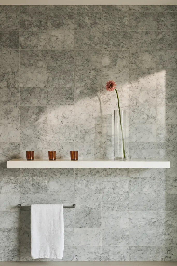 20 Bathroom Shelf Styling Ideas for Beautiful, Practical Storage 17 Minimalist bathroom wall with a shallow white floating shelf, three amber cups, single pink flower in a clear vase, and white towel.