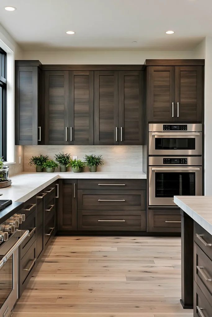 29 Barndominium Kitchen Designs for Rustic, Modern, and Timeless Spaces 19 Minimalist gray barndominium kitchen with charcoal paneled cabinets, pale stone countertops, stainless wall ovens, potted plants, and pale wood flooring.