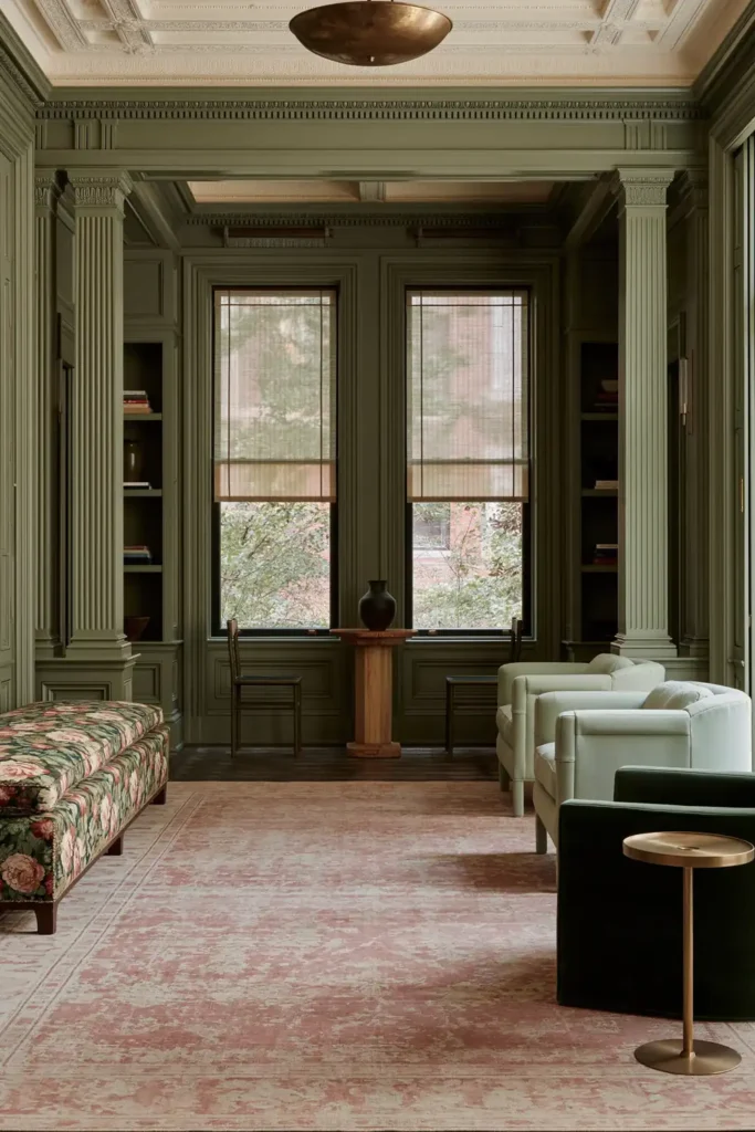 20 Best Living Room Color Combinations for a Warm Feel 21 Mint green color-drenched living room with a coffered ceiling, floral daybed, pale armchairs, brass accents, and a faded pink rug.
