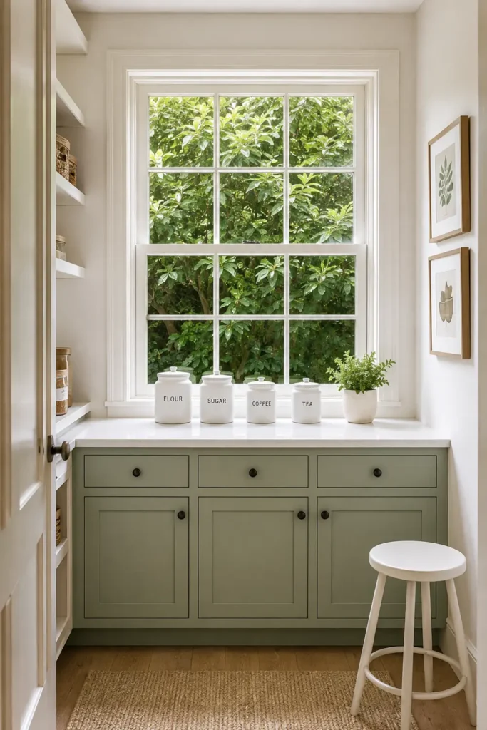 15 Butler’s Pantry Ideas for a Stylish, Functional Space 12 Mint green pantry cabinets beneath a white counter and multipane window, with framed art, small containers, a plant, and a white stool.