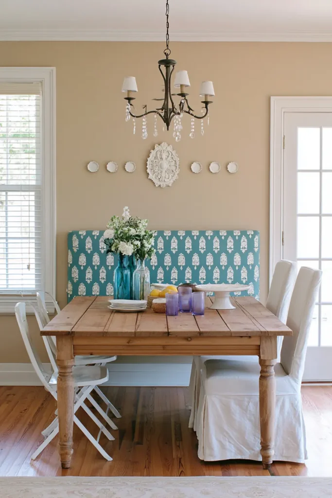 9 Mix and Match Dining Chair Ideas for a Stylish, Collected Look 2 Dining room with a turquoise upholstered settee, white café-style folding chairs, slipcovered end chairs, and a light-brown wooden dining table.