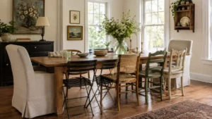 Bright dining room with a warm wood table surrounded by mismatched café chairs, upholstered end chairs, cane-back seating, and painted wooden dining chairs.